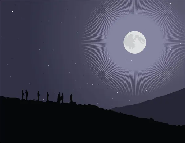 Silhouettes People Hill Night — Stock Vector