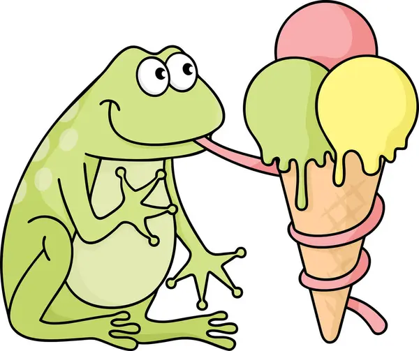 アイスクリームを食べる漫画のカエル — ストックベクタ