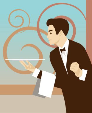 Tepsi tutan takım elbiseli bir adamın resmi.. 