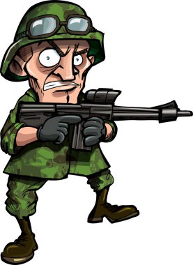 Beyaz arka planda silahlı kızgın askerin vektör karikatür çizimi.