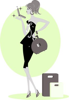 Takım elbiseli ve bavullu güzel bir kadının vektör çizimi.