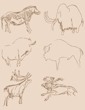 Farklı el çizimleri vahşi hayvanlar.