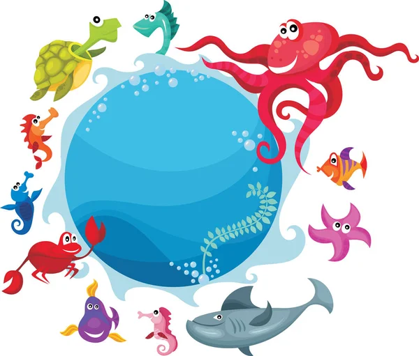 Desenho Animado Animal Marinho Com Criaturas Marinhas Ilustração Para Crianças — Vetor de Stock