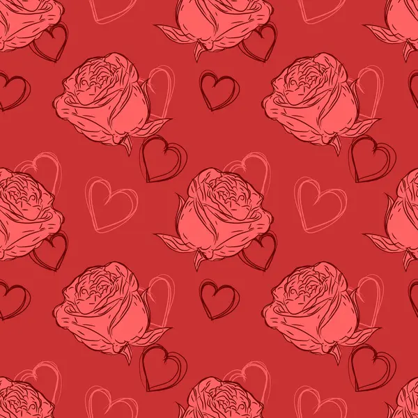 Nahtloses Muster Für Den Valentinstag Vektorillustration Mit Rosen Und Herzen — Stockvektor