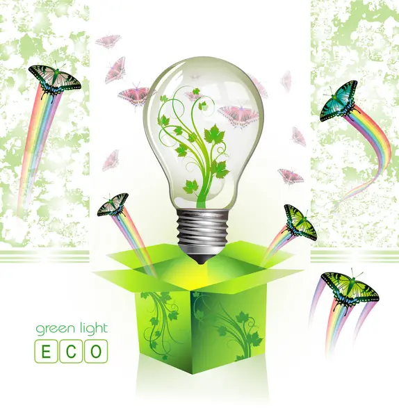 Green Energy Light Bulb Leaves Butterflies — Stock Vector