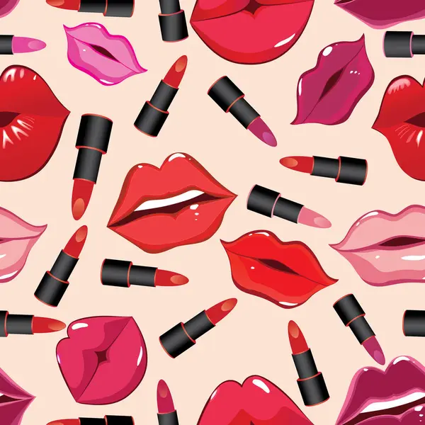 Seamless Pattern Lips Lipsticks — Stock Vector