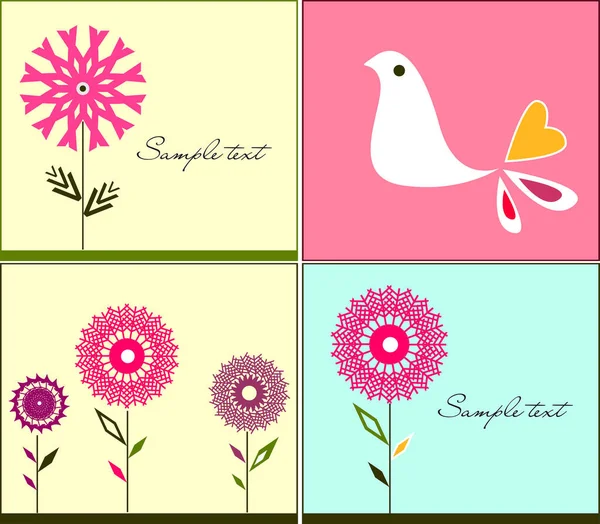 Jeu Cartes Vectorielles Avec Fleurs Oiseaux Colorés — Image vectorielle