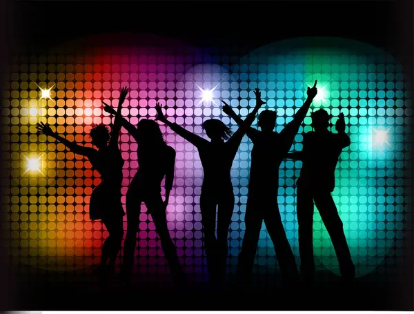 Silhouettes Personnes Dansant Sur Fond Néons — Image vectorielle