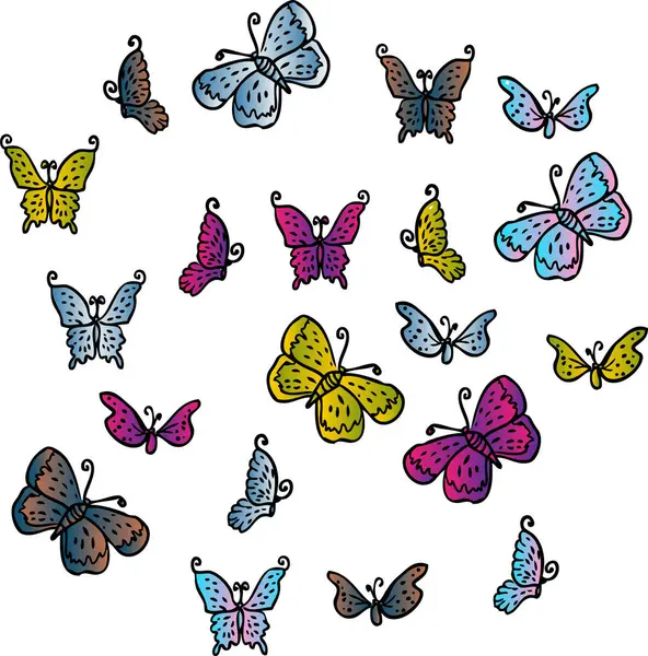 矢量手绘蝴蝶集 彩色的涂鸦蝴蝶 — 图库矢量图片