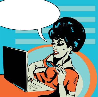 Pop art retro bilgisayarlı retro kadın
