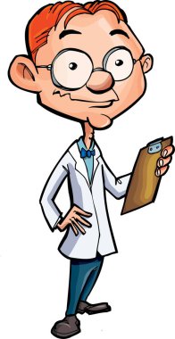 Gözlüklü karikatür bilimcisi, beyaz arka planda izole edilmiş.