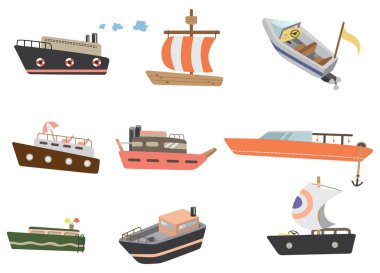 Tekne ve gemi sembolünün vektör çizimi. Stok için tekne ve deniz vektör simgesi koleksiyonu.
