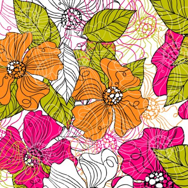 soyut el - çizilmiş karalama çiçek deseni, çiçekler ve yapraklar