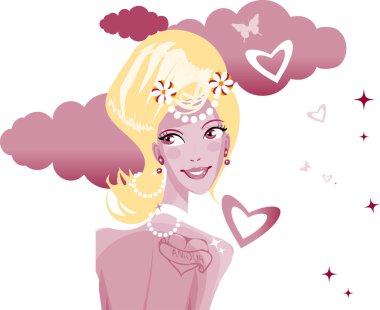 Güzel bir kadın pembe bulutların içinde, tacı ve kalbi olan..