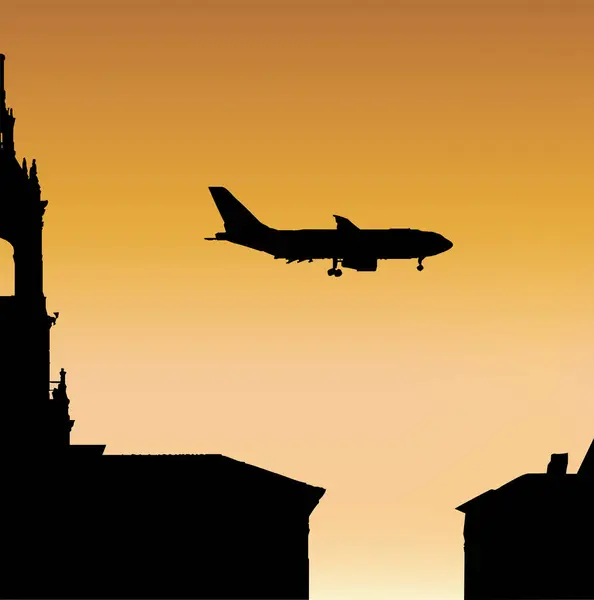 在巴塞罗纳市前面的飞机 — 图库矢量图片