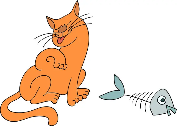 Kot Zjadł Ryby Ilustracja Wektor Kreskówki — Wektor stockowy