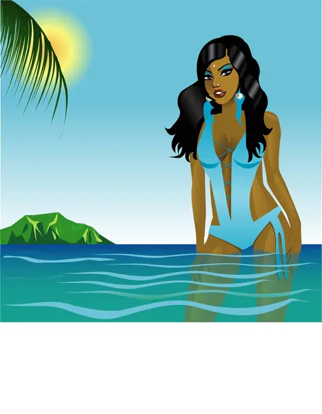 Vector Ilustración Traje Baño Teal Chica Agua Playa — Vector de stock