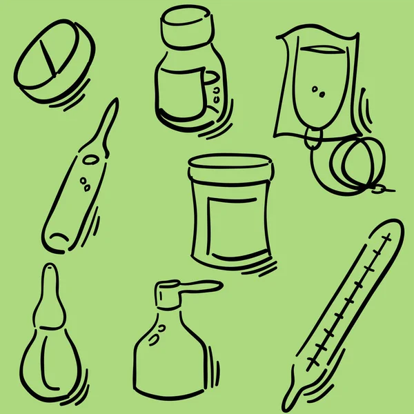 Conjunto Vetorial Elementos Medicina Ilustração Desenhada Mão Doodle — Vetor de Stock