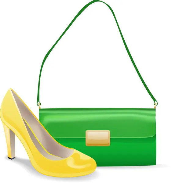 黄色い靴の緑のハンドバッグ — ストックベクタ