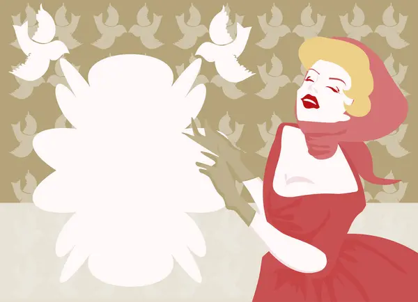 Femme Robe Rouge Avec Des Oiseaux Vecteur Design Simple — Image vectorielle