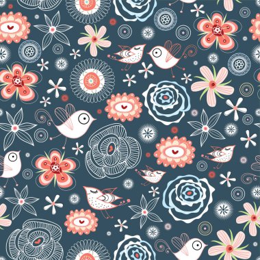 Çiçekler ve kuşlarla kusursuz desen, vektör illüstrasyonu