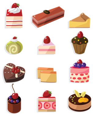 Çizgi film tarzında fırın ve pasta ikonları. Fırın ve pasta ürünleri vektör illüstrasyonu için tasarım.