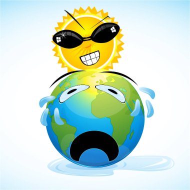 Güneş gözlüklü, vektör resimli terli, bitkin bir dünya gezegeni. Küresel ısınma kavramı 