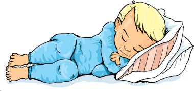 Küçük çocuk yatakta uyuyor, vektör çizimi.