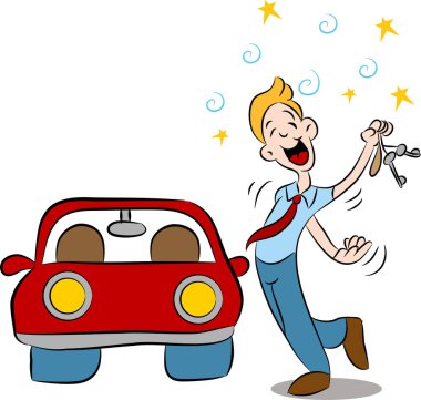 Yeni arabası ve anahtarı olan karikatürist, vektör çizimi