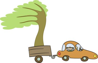 Küçük bebek arabalı bir ağacın karikatür çizimi..