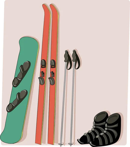 winter sports equipment, snowshoes, ski boots, snowboard and skis. sports activities for leisure. vector