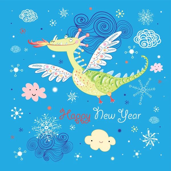 Šťastný Nový Rok Přání Roztomilou Kreslenou Postavou Létající Dinosaurus — Stockový vektor