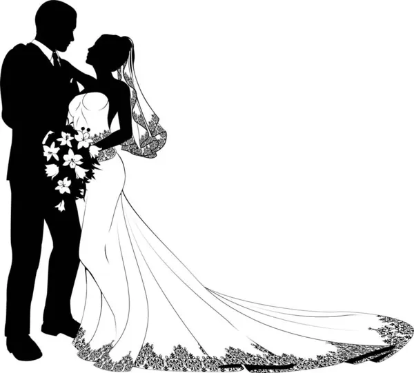 Silhouette Vettoriale Sposa Sposo Sfondo Bianco — Vettoriale Stock
