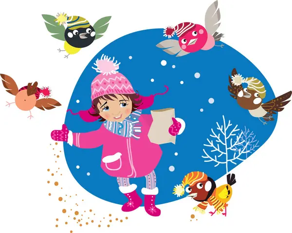 Vector Illustration Cute Little Girl Winter Clothes Fantasy Birds — Stock Vector