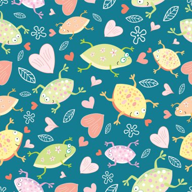 Kurbağaları ve yaprakları olan, kusursuz çiçek desenleri. Düz biçimdeki vektör illüstrasyonu