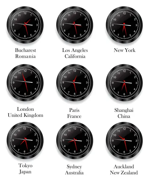 Cidades Mundo Relógios Sobre Fundo Branco — Vetor de Stock