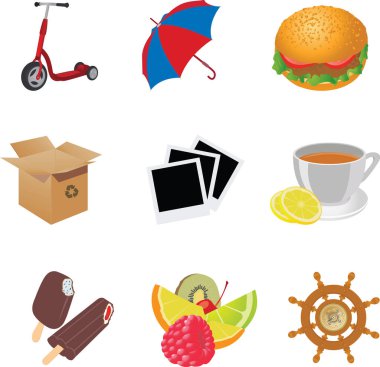Yiyecek ve içecek simgelerinin vektör çizimi, ulaşım ve seyahat