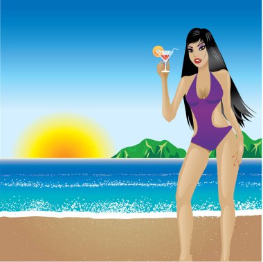 Mavi bikini kız sahilde vektör çizim.