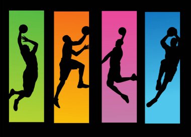 Basketbolcular siluetli vektör arkaplanı