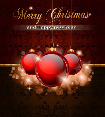 christmas and new year greeting card design with golden bells and red ribbon