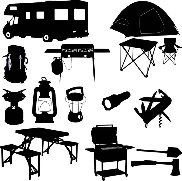 beyaz arkaplanda kamp elemanları, vektör illüstrasyonu