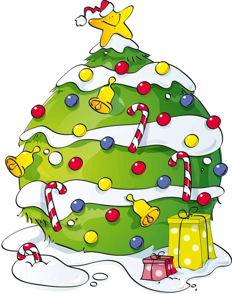 Χριστουγεννιάτικο Δέντρο Κουδούνια Μπάλες Καραμελοποιϊα Και Αστέρια — Διανυσματικό Αρχείο