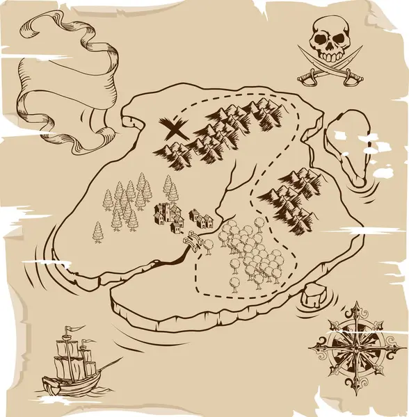 Vector Map Pirate Ship Skull Bones Bones Bones Bones Anchor — Stock Vector