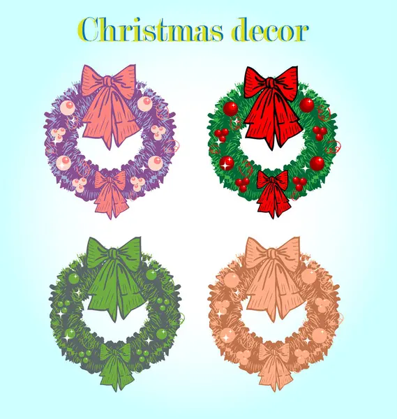 Set Christmas Decor Icons Your Design Vector Illustration Wreaths Bows — Stock Vector