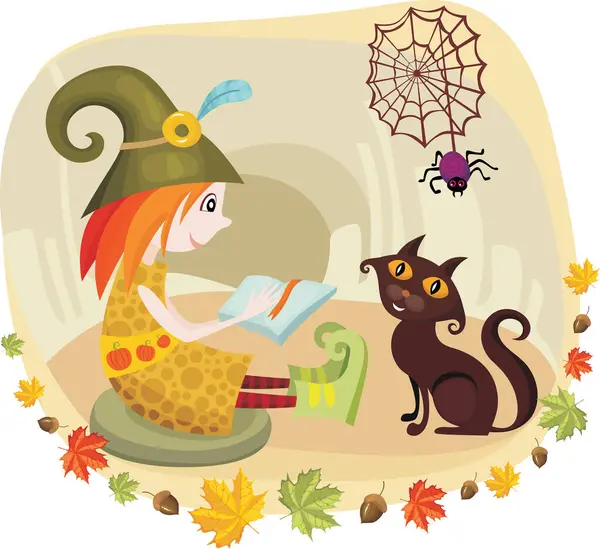 Halloween Card Cat Witch — Stock Vector