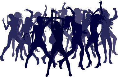 Siluet içinde dans eden bir grup seksi güzel kadın.