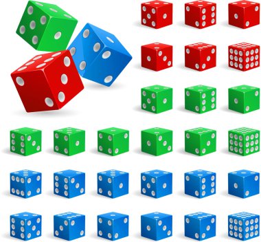 Beyaz arkaplan ile renkli zarların 3 boyutlu canlandırması