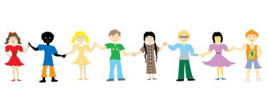 people of different races holding hands on white background. vector illustration