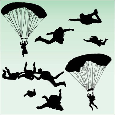 Bir dizi paraşüt silueti.  