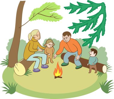 Ormandaki çocuklar ve aile, vektör illüstrasyonu.